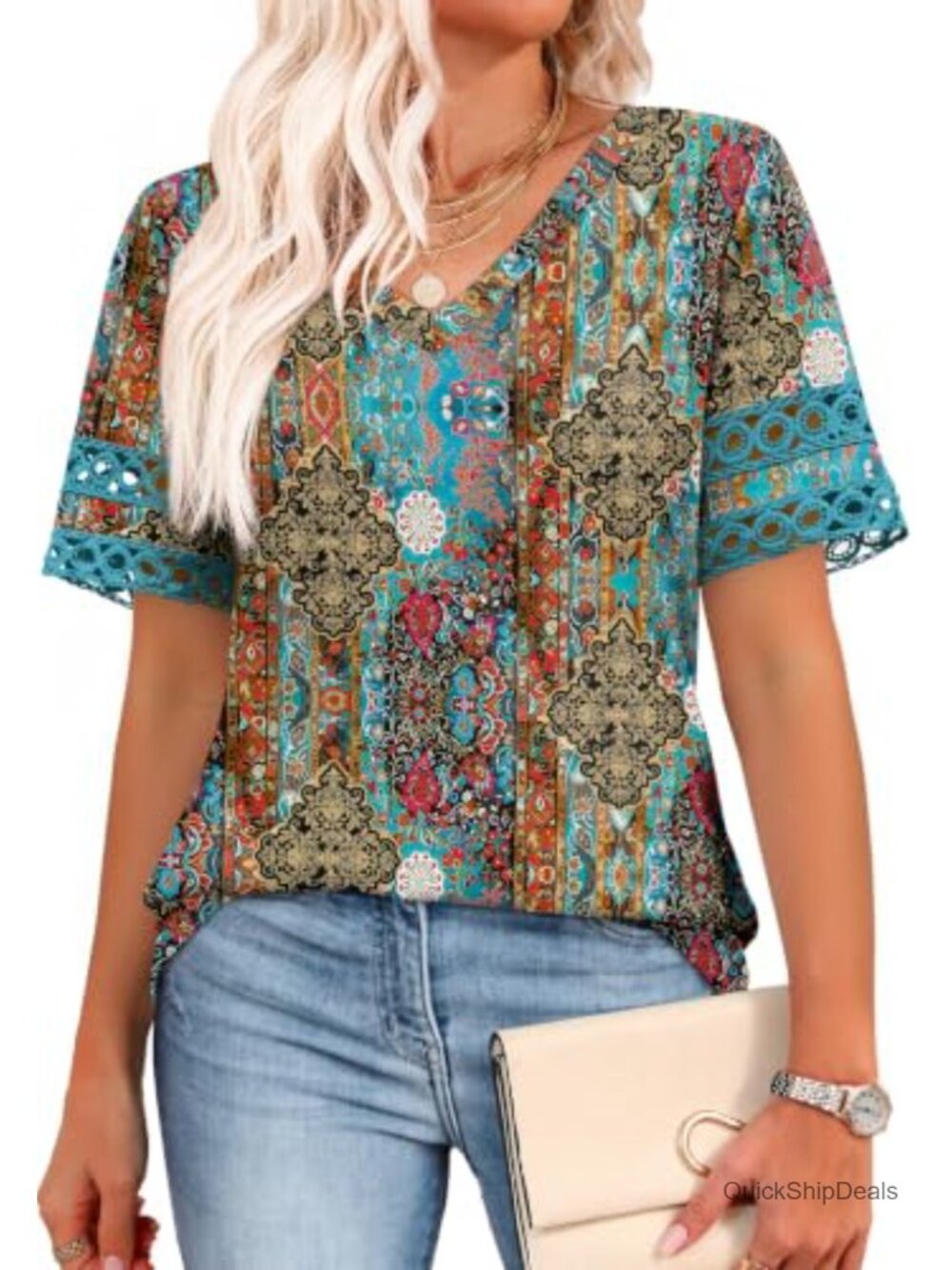Womens V Neck Short Sleeve T-Shirt Lace Detail Curved Hem Flowy Blouse Top